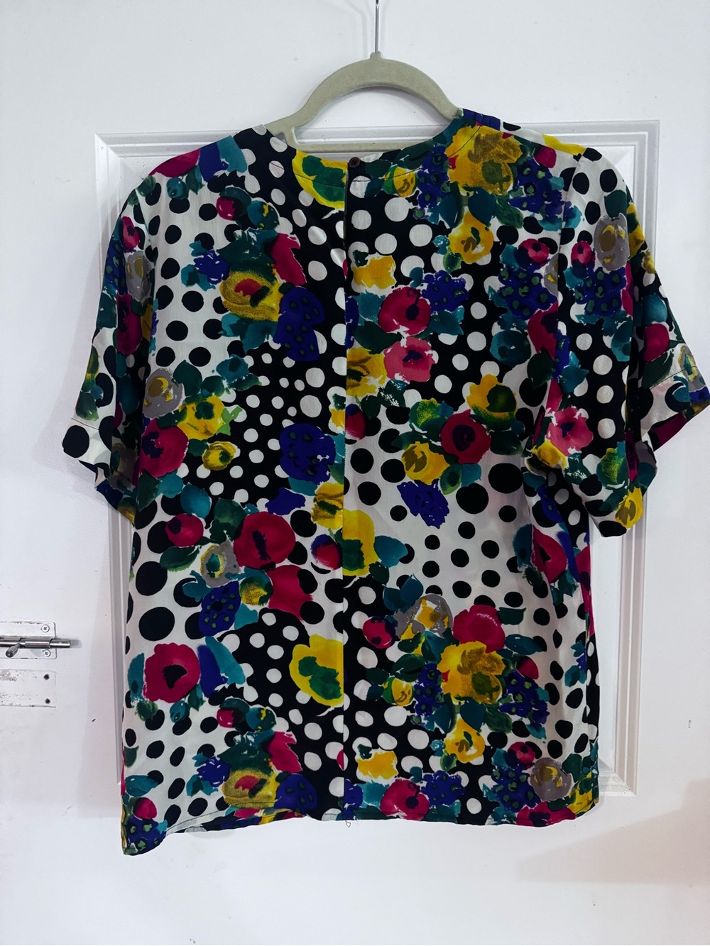 Women’s Vintage Silk Black & White Polka Dot Floral Short-Sleeve Shirt